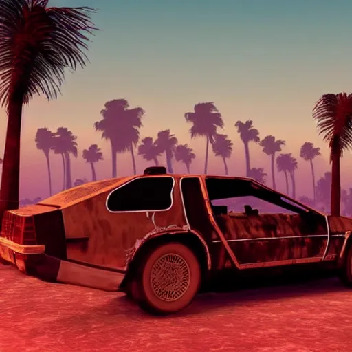 Prompt: wasteland hotline miami desert apocalypse car on fire wasteland war destroyed wide shot landscape nuke fire craters end of the world miami beach sunset palm trees 80s delorean unreal engine style