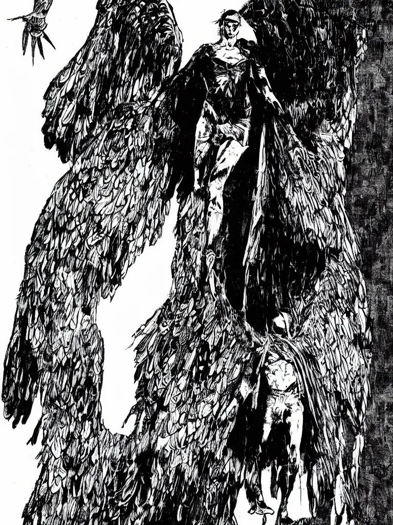 Prompt: a shaman standing on the edge of a cliff wearing a cape made of wings, by guido crepax