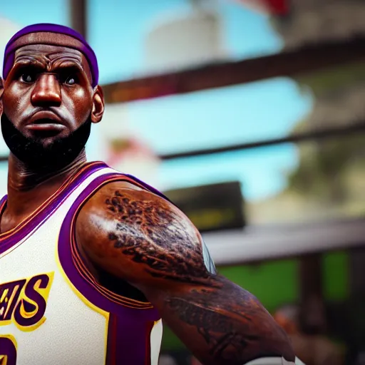 Image similar to a videogame still of Lebron James in Tekken 7, portrait, 40mm lens, shallow depth of field, close up, split lighting, cinematic