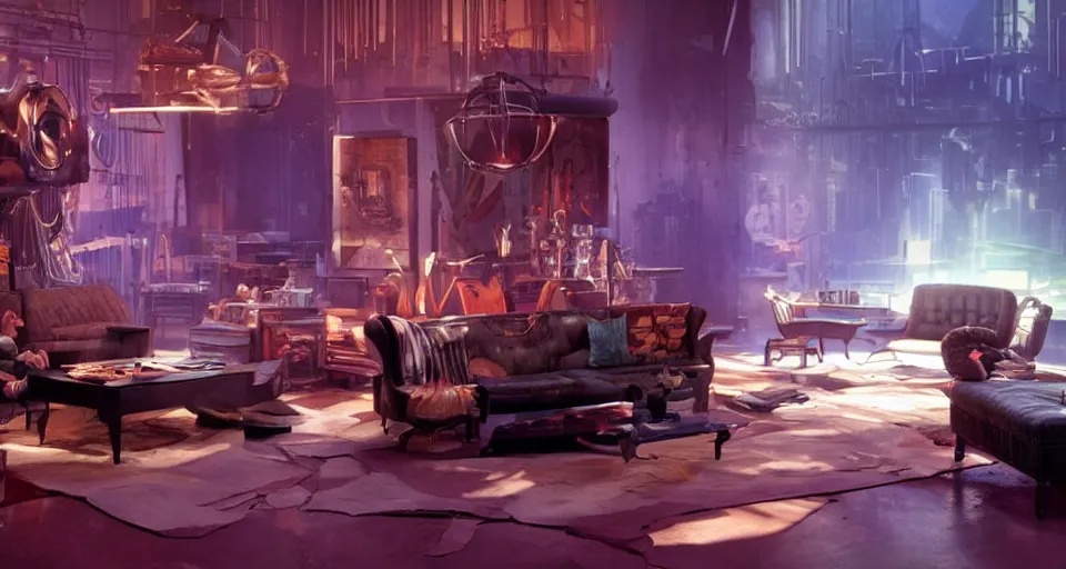 Image similar to impressive small cinematography scene featuring bio - punk aesthetic furniture. close shot of characters discussing an important topic. film still from the new live - action adventure movie. special effects from the studios called industrial light & magi, imageworks, rhythm & hues, weta, blur studio, blue sky studios, sony pictures.