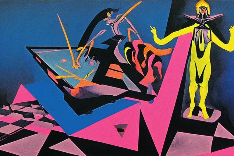 Image similar to a beautiful masterpiece painting of the technomancer wizard in dazzle camouflage robes with pointed hoods and his ai djinn performing psychic television on a crt tv by remedios varo and anato finnstark and greg rutkowski and andy warhol and francis picabia, dayglo pink, dayglo blue, dazzle camouflage, glowing, pearlescent white, raven black