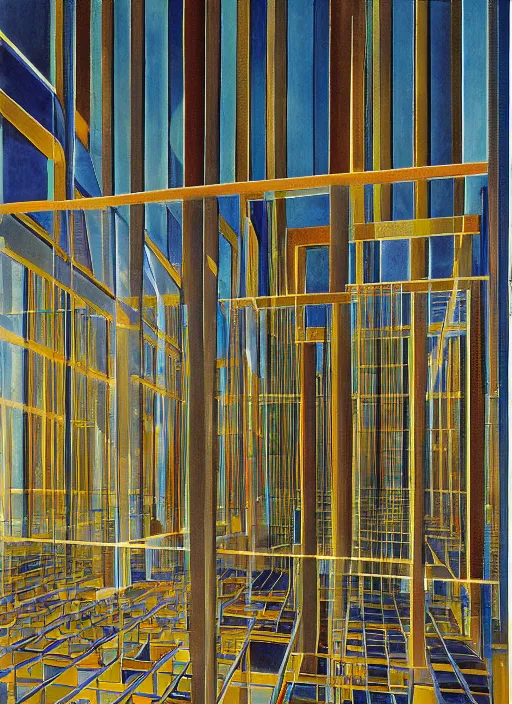 Prompt: a painting of a glass maze designed by sanaa by richard estes and giorgio de chirico