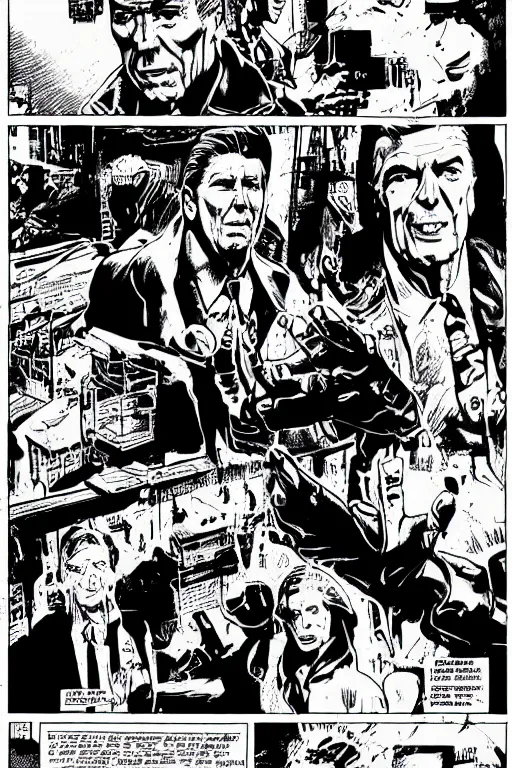 Image similar to ronald reagan, a page from cyberpunk 2 0 2 0, style of paolo parente, style of mike jackson, adam smasher, johnny silverhand, 1 9 9 0 s comic book style, white background, ink drawing, black and white, colouring pages