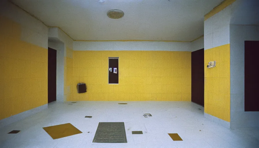 Image similar to 60s movie still of a sovietic stalinist style empty clean prison shower with yellow tiles and tryophobia, cinestill 800t 50mm eastmancolor, liminal Space style, heavy grain