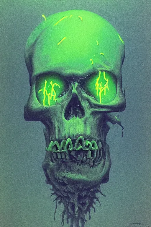 Prompt: horrific neon green skull floating over golden cubes by zdzisław beksinski