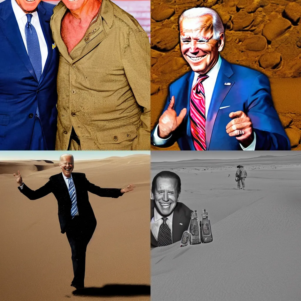 Prompt: a photo of joe biden drunk drunk drunk drunk drunk and happy in a desert, highly detailed skin, highly detailed photo