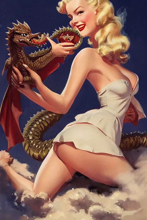 Image similar to portrait of 1 9 4 0 s blonde pinup girl holding a dragon, by greg rutkowski, rossdraws, gil elvgren, enoch bolles, porcelain skin, glistening, very coherent,