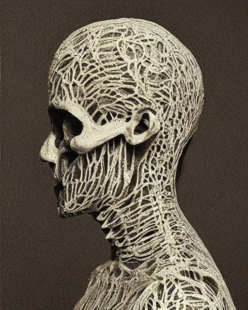 Image similar to a man's face in profile, made of intricate lace skeleton, in the style of the dutch masters and gregory crewdson, dark and moody