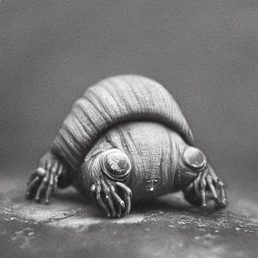 Prompt: tardigrade!!! humanoid. daguerreotype portrait photograph. inspired by gerard grom and ansel adams. beautiful. cute. happy. highly detailed. old timey.