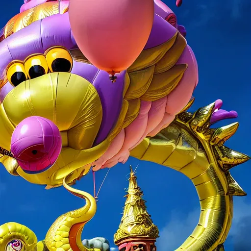 Prompt: elaborate, giant, massive, detailed, shiny, 3 d, pastel, blowup balloon dragon with eyes and mouth, twisting geometry, floating in a 3 d painted sky, cinematic, 4 k by'eva cremers'and'lesley barnes'and'jordan coelho'