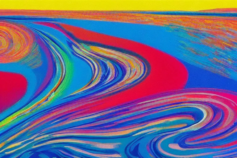 Image similar to Psychedelic sci-fi dreamworld. Landscape painting. Organic. Winding rushing water. Waves. Clouds. Wayne Thiebaud. Peter Max.