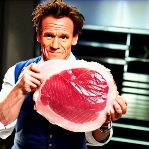 Image similar to photo of gordan ramsay holding a raw porkchop in his hand on set, highly detailed, extremely high quality, hd, 4 k, 8 k, professional photographer, 4 0 mp, lifelike, top - rated, award winning, cinematic, realistic, detailed lighting, detailed shadows, sharp, no blur, edited, corrected, trending