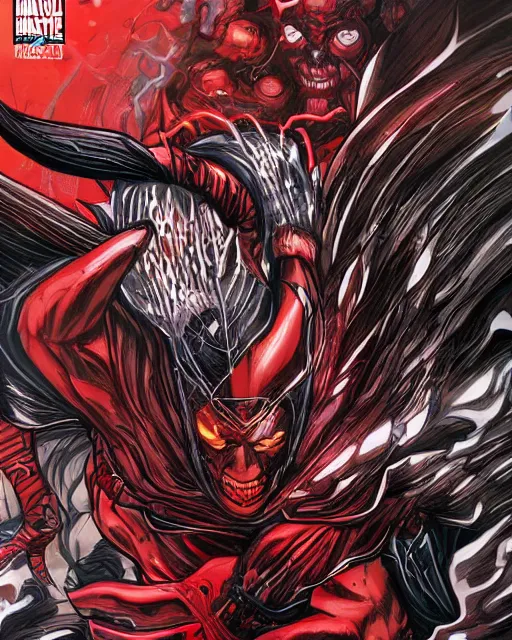 Image similar to hyper detailed comic book cover art of marvels knull, black and red color scheme, by inhyuck lee