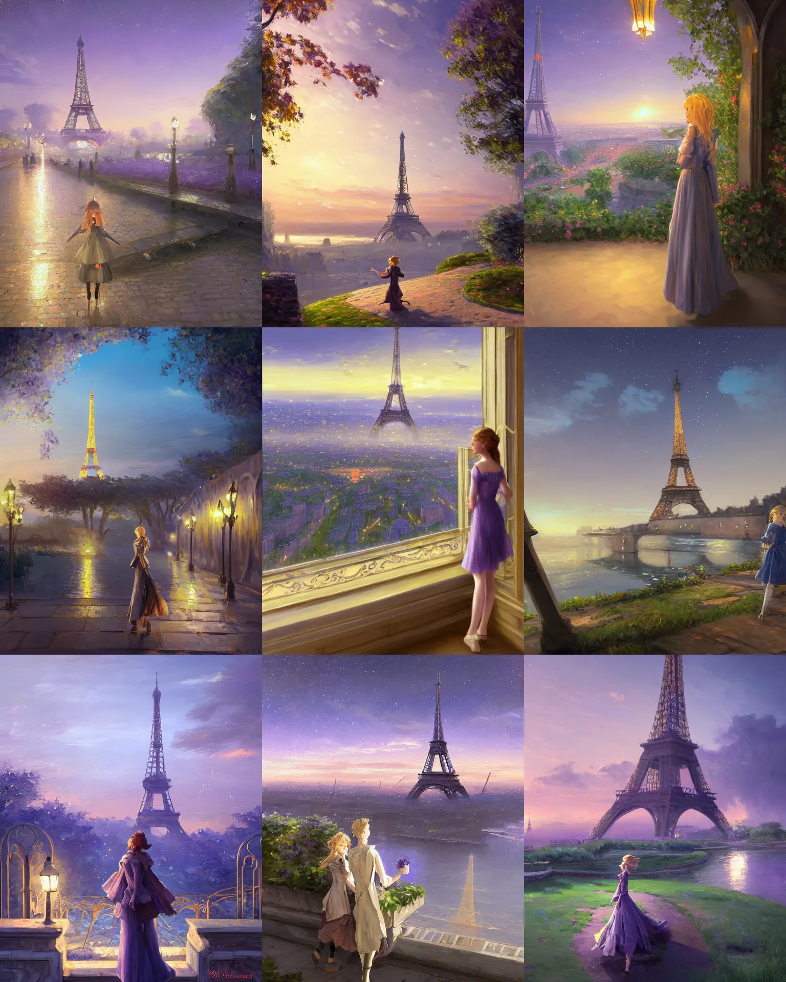 Image similar to over the shoulder landscape painting of violet evergarden, behind are distant lights from paris, eiffel tower, next to the reflecting ocean, nighttime, by vladimir volegov and Philipp A. Urlich and Pengzhen Zhang and Andreas Rocha, fantasy, intricate, elegant, highly detailed, digital painting, artstation, blender, unreal engine 5, octane render, smooth, sharp focus, illustration