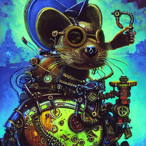 Image similar to steampunk rat, acid, 303, psychedelic, by paul lehr