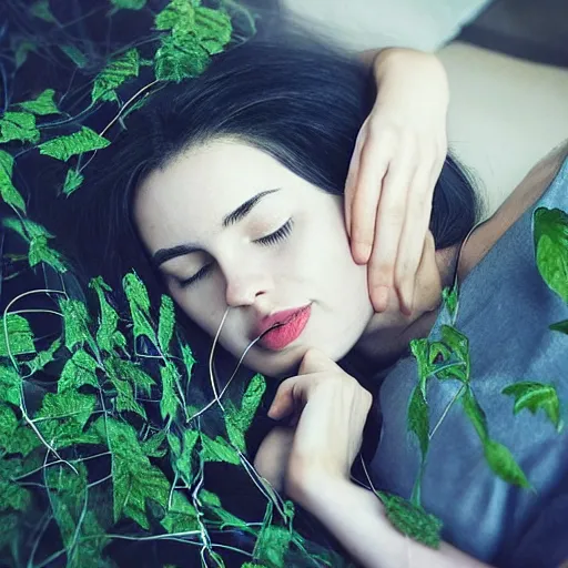 Image similar to “ very photorealistic photo of vines growing out of a woman ’ s book as she sleeps, award - winning details ”