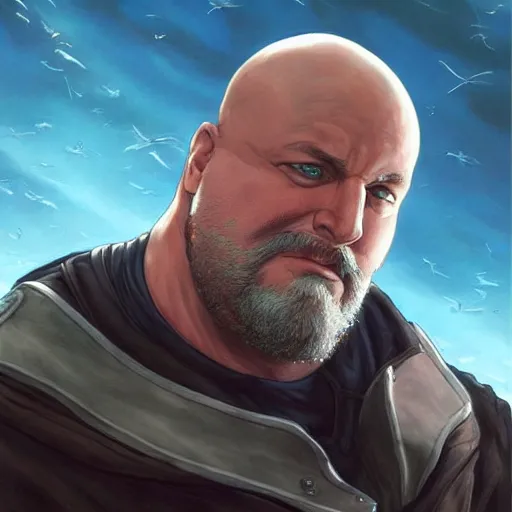 Image similar to chonky ethan van sciver with a bald head and grey trimmed beard with a pointy nose as a sea captain, beautiful artwork by artgerm and rutkowski, breathtaking, beautifully lit, dramatic, full view