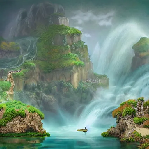 Image similar to islands floating in the sky with waterfalls and dragons, digital art, aesthetic, astonishing detail