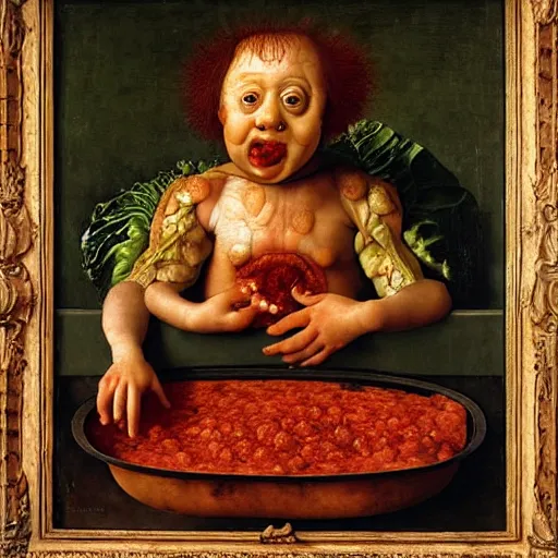 Image similar to a boy sitting in a tub full of tomato sauce, a lot of cabbage, by giuseppe arcimboldo and ambrosius benson, renaissance, portrait, fruit, intricate and intense oil paint, realistic