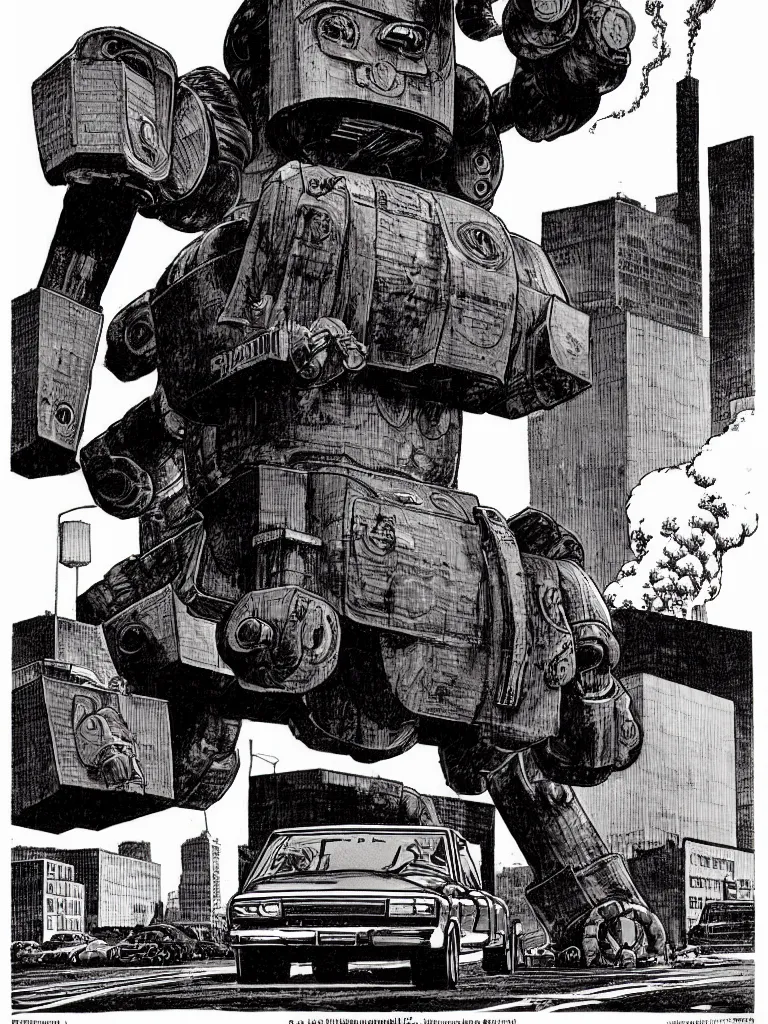 Prompt: a single Giant classic robot walking down the street desires to eat a massive glazed donut, a building is on fire smoking and a crushed car is under the foot of the giant robot by Richard Corben