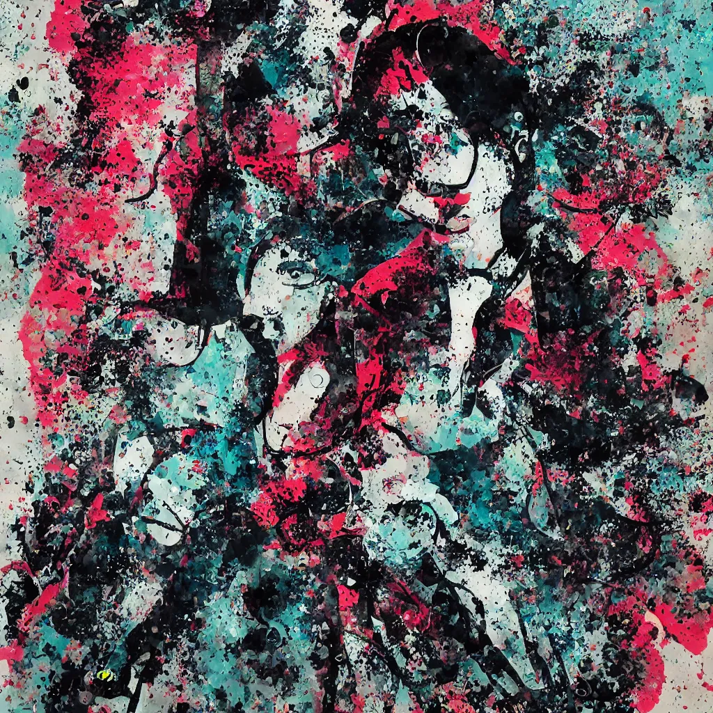 Image similar to girl figure, abstract, jet set radio artwork, ryuta ueda artwork, cryptic, rips, spots, asymmetry, stipple, lines, splotch, color tearing, pitch bending, stripes, dark, ominous, eerie, hearts, minimal, points, technical, circuits, old painting, natsumi mukai artwrok, folds