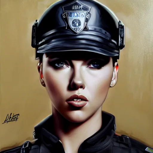 Prompt: scarlet johansson dressed as swat police officer, highly detailed portrait, digital painting, by julie bell, artgerm, ilya kuvshinov