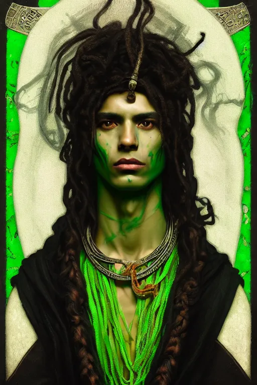 Prompt: portrait of a beautiful young slim male aztec priest of the snake god, curly black hairs, covered in blood, fluent robes, by greg rutkowski and alphonse mucha, d & d character, gradient black to green, ziggurath background, highly detailed portrait, digital painting, artstation, concept art, smooth, sharp focus ilustration, artstation hq