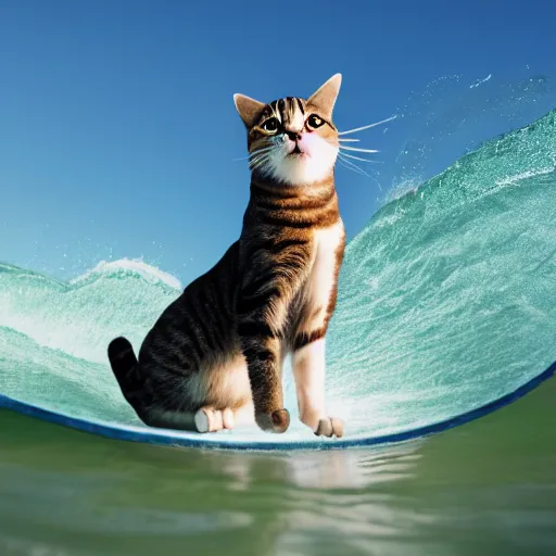 Prompt: a cat surfing a wave wearing a blue hat.