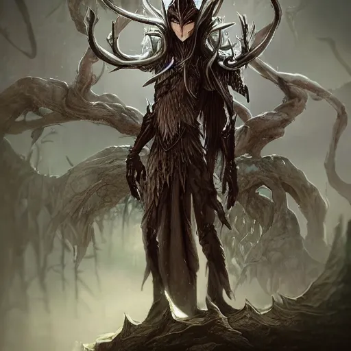 Image similar to dark fantasy concept of elven tree elf god, with dark steel and eldritch wood armor on a mountain, cinematic, dynamic lighting, photorealistic, ultra detailed, trending on art station, stunning visuals, creative, hyper detailed