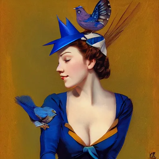 Prompt: a songbird wearing a crown, an indigo bunting, bird, blue canary, wearing a crown and bowtie by greg rutkowski, rossdraws, gil elvgren, enoch bolles, anime, very coherent