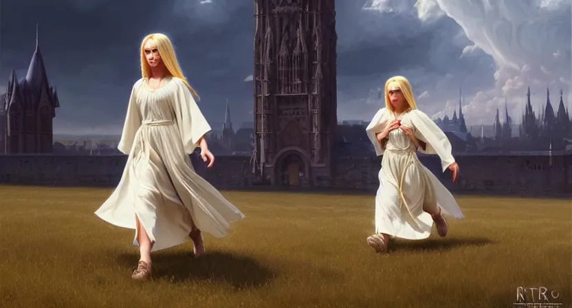 Prompt: tiny mage running away from a tower, blonde hair braided wearing ivory gothic robe, sky town, movie action still frame, ultra wide horizon, intricate, elegant, highly detailed, hyperrealism, digital painting, concept art, smooth, sharp, focus, illustration, art by artgerm, greg rutkowski, ilya kuvshinov, alphonse mucha