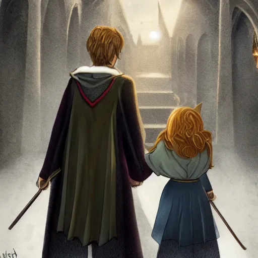 Image similar to harry potter and hermione hand in hand walking in hogwarts yard, elves around, lovely, lightly dark theme, harry potter theme, trending on artstation