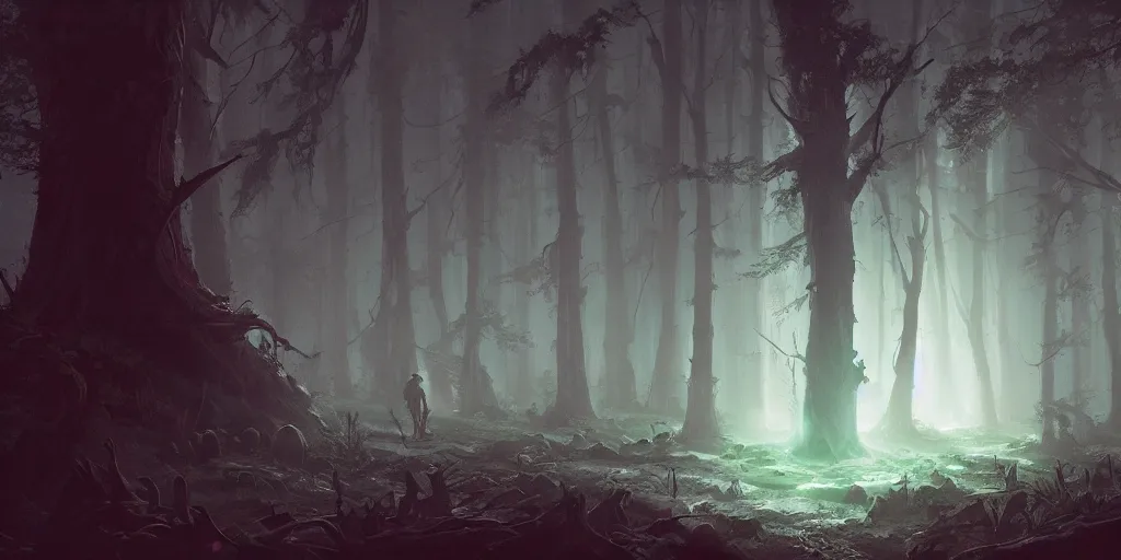 Prompt: a bioluminescent ancient dark forest, greg rutkowski, 8 k, shallow depth of field, ultra high detail, concept art,