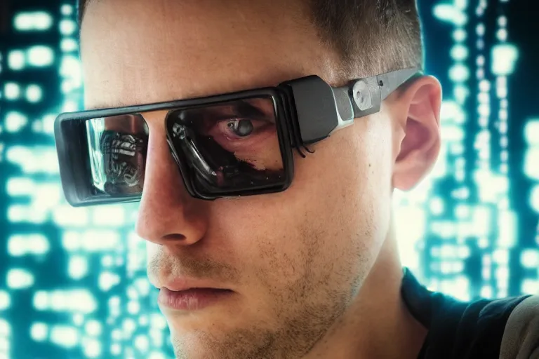 Image similar to cyberpunk hacker closeup portrait in high tech compound by Emmanuel Lubezki