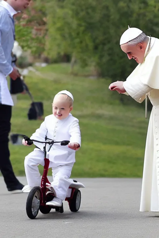 Image similar to the pope riding a childs tricycle