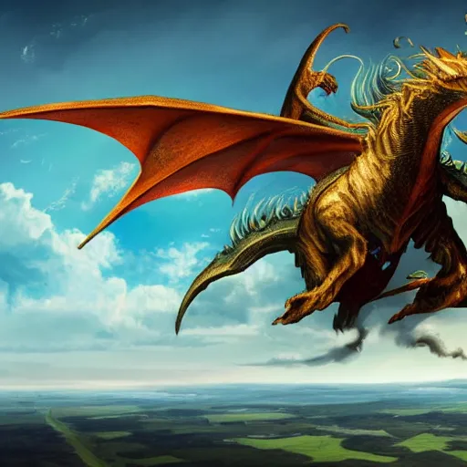 Prompt: an expansive grassy plain, with a fantastical dragon soaring above, digital art, fantasy, 8k, trending on artstation