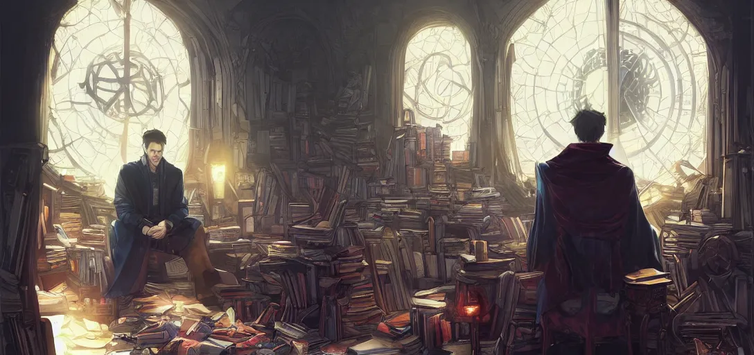 Image similar to a sad dr strange sitting alone in his room in a large chair, books messy about the room, sad, somber, by Stanley Artgerm Lau, WLOP, Rossdraws, James Jean, Andrei Riabovitchev, Marc Simonetti, krenz cushart