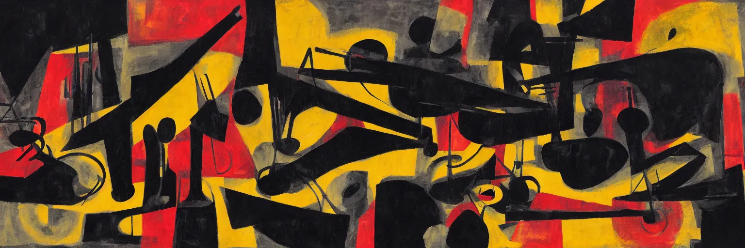 Prompt: visual representation of be - bop jazz music, dark colors, blurry, highly abstract, unreal, insightful, philosophical, jazz instruments, moma museum,