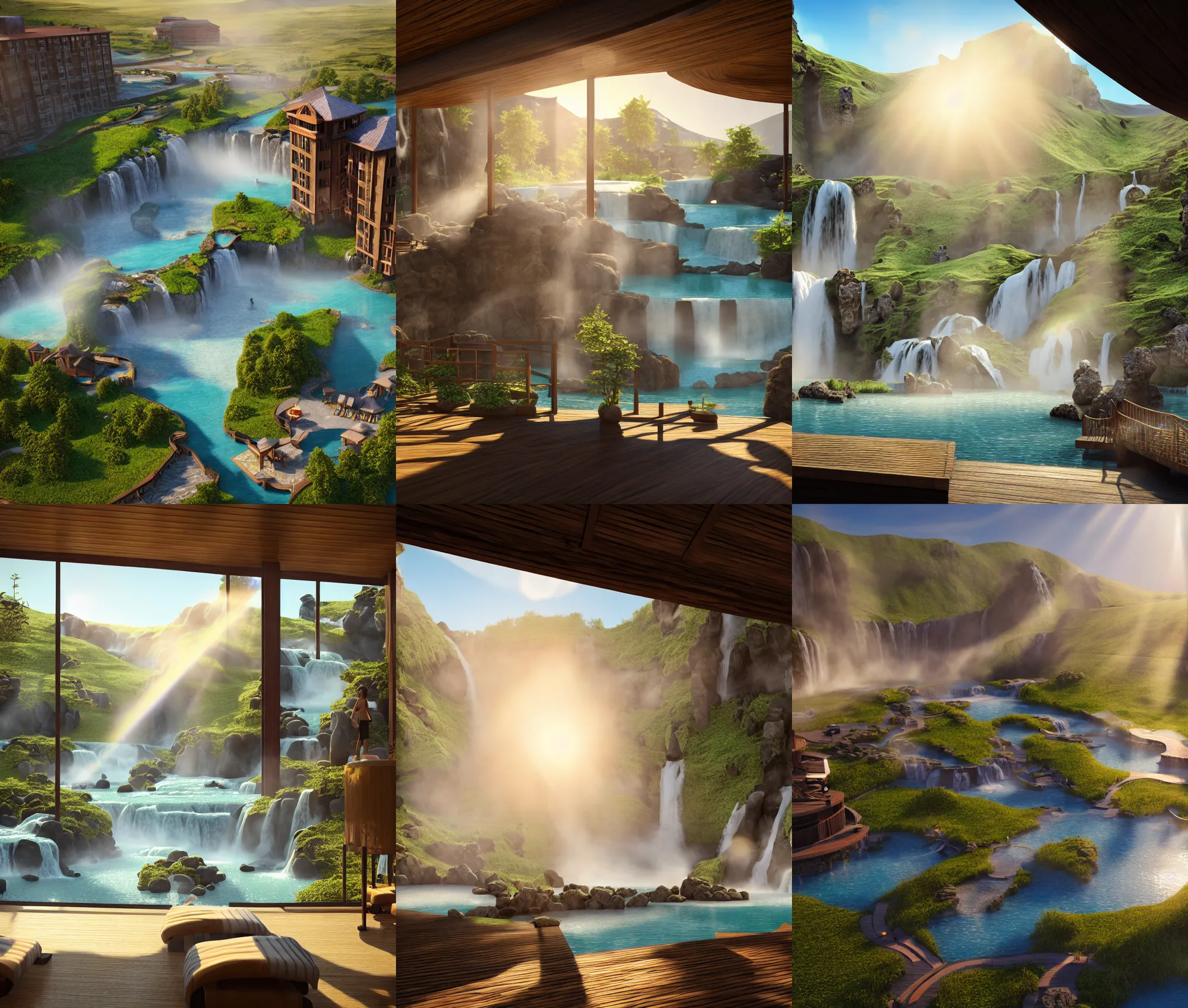 Prompt: establishing wide shot inside resort hotel, beside the combination of iceland hot springs and yangtze river waterfalls, sunny morning light, soft sunbeam, fantasy movie still, 4 k, unreal engine, hyperrealism, detailed textures