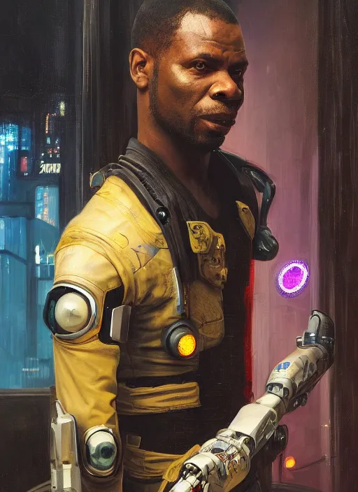 Image similar to Chidi Igwe. Strong Cyberpunk mechanic with robotic legs. (Cyberpunk 2077, bladerunner 2049). handsome face. Iranian orientalist portrait by john william waterhouse and Edwin Longsden Long and Theodore Ralli and Nasreddine Dinet, oil on canvas. Cinematic, vivid colors, hyper realism, realistic proportions, dramatic lighting, high detail 4k