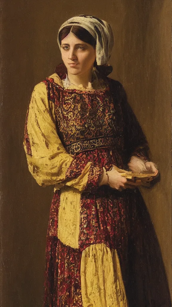 Prompt: portrait of a lady in byzantine costume in the style of ferdinand keller ( 1 8 4 2 - 1 9 2 2 ), oil on canvas, 4 k resolution, mysterious