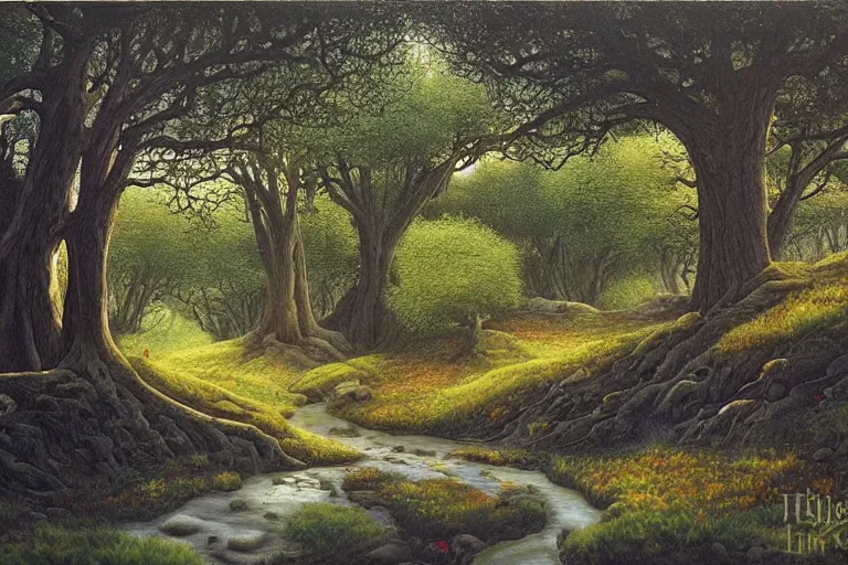 Prompt: masterpiece painting of oak trees on a hillside overlooking a creek, dramatic lighting, by daniel merriam