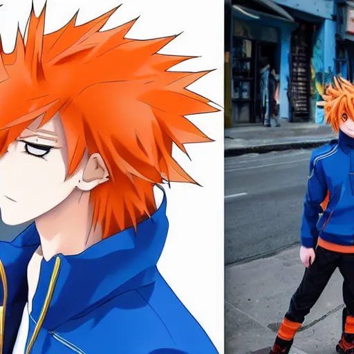 Image similar to orange - haired anime boy, 1 7 - year - old anime boy with wild spiky hair, wearing blue jacket, battle aura, in front of ramen shop, strong lighting, strong shadows, vivid hues, raytracing, sharp details, subsurface scattering, intricate details, hd anime, high - budget anime movie, 2 0 2 1 anime