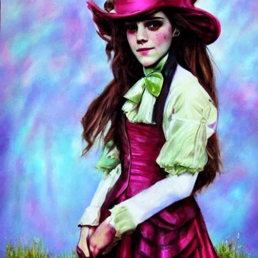 Prompt: beautiful emma watson cosplay as The Mad Hatter from Alice in wonderland, oil painting, full body.