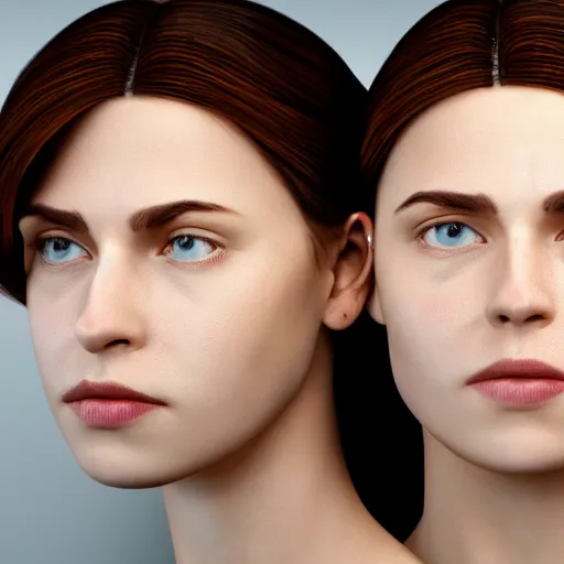 Image similar to woman with two heads, photo realistic, cinematic lighting