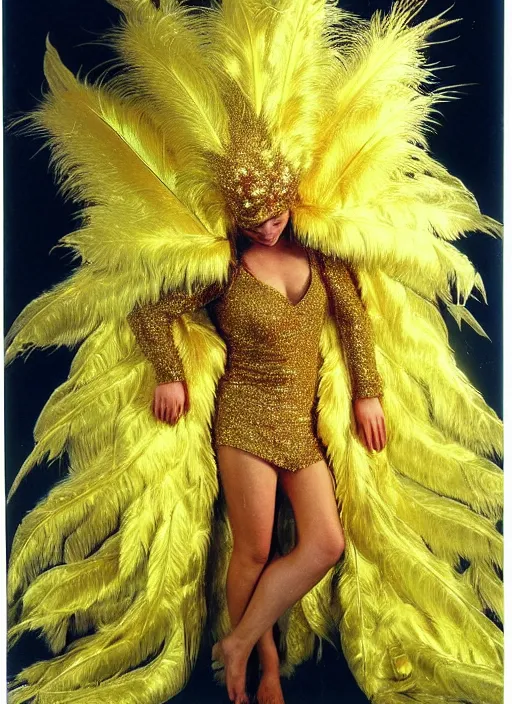 Image similar to realistic detailed photo of the sleeping person, wearing a golden leaf feathers fluffy fur carnival costume with golden sparkles. 1 9 9 0, life magazine reportage photo