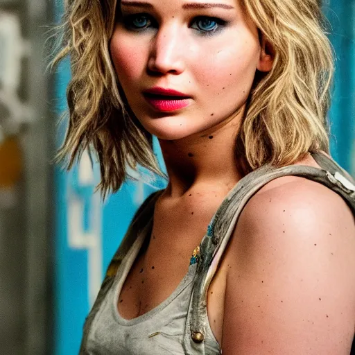 Prompt: Jennifer Lawrence in Tank Girl Remake, (EOS 5DS R, ISO100, f/8, 1/125, 84mm, postprocessed, crisp face, facial features)