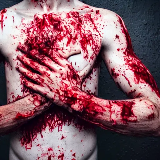 Image similar to ultra detailed photo of a man with many bloody arms covering his entire body