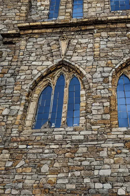 Prompt: detailed castle wall with gothic windows of glass