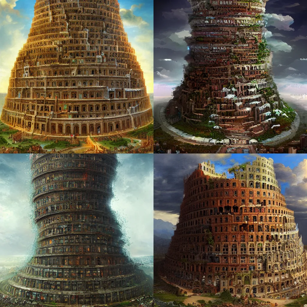 Prompt: a digital Tower of Babel, detailed digital art, trending on artstation